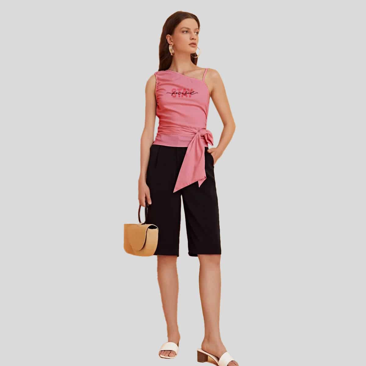 Baby Pink Solid Asymmetrical Neck Self Tie Top-RCT026
