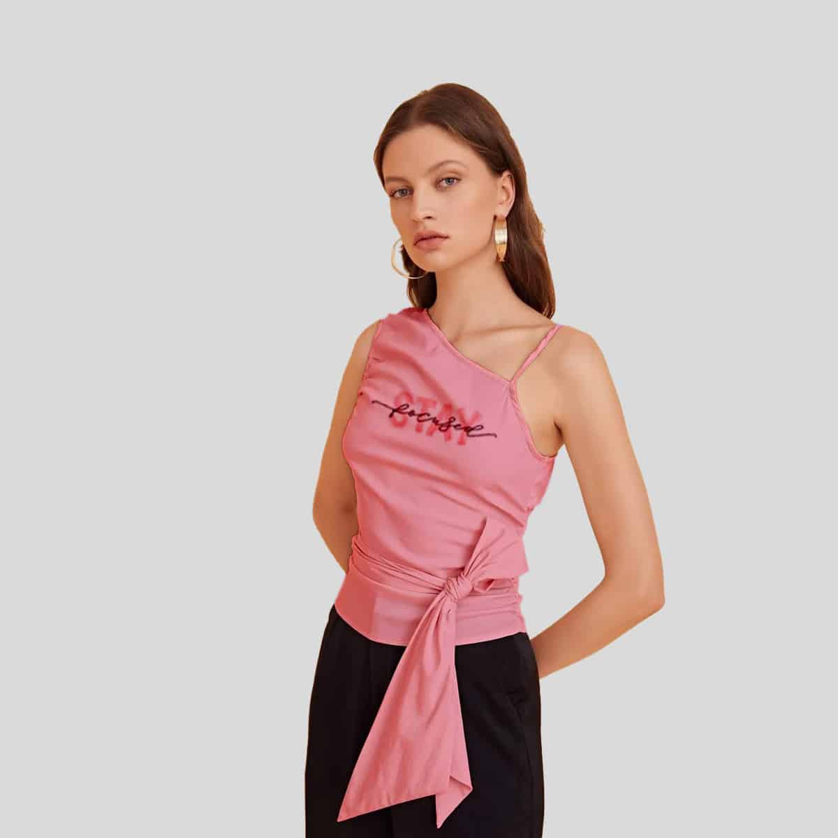 Baby Pink Solid Asymmetrical Neck Self Tie Top-RCT026