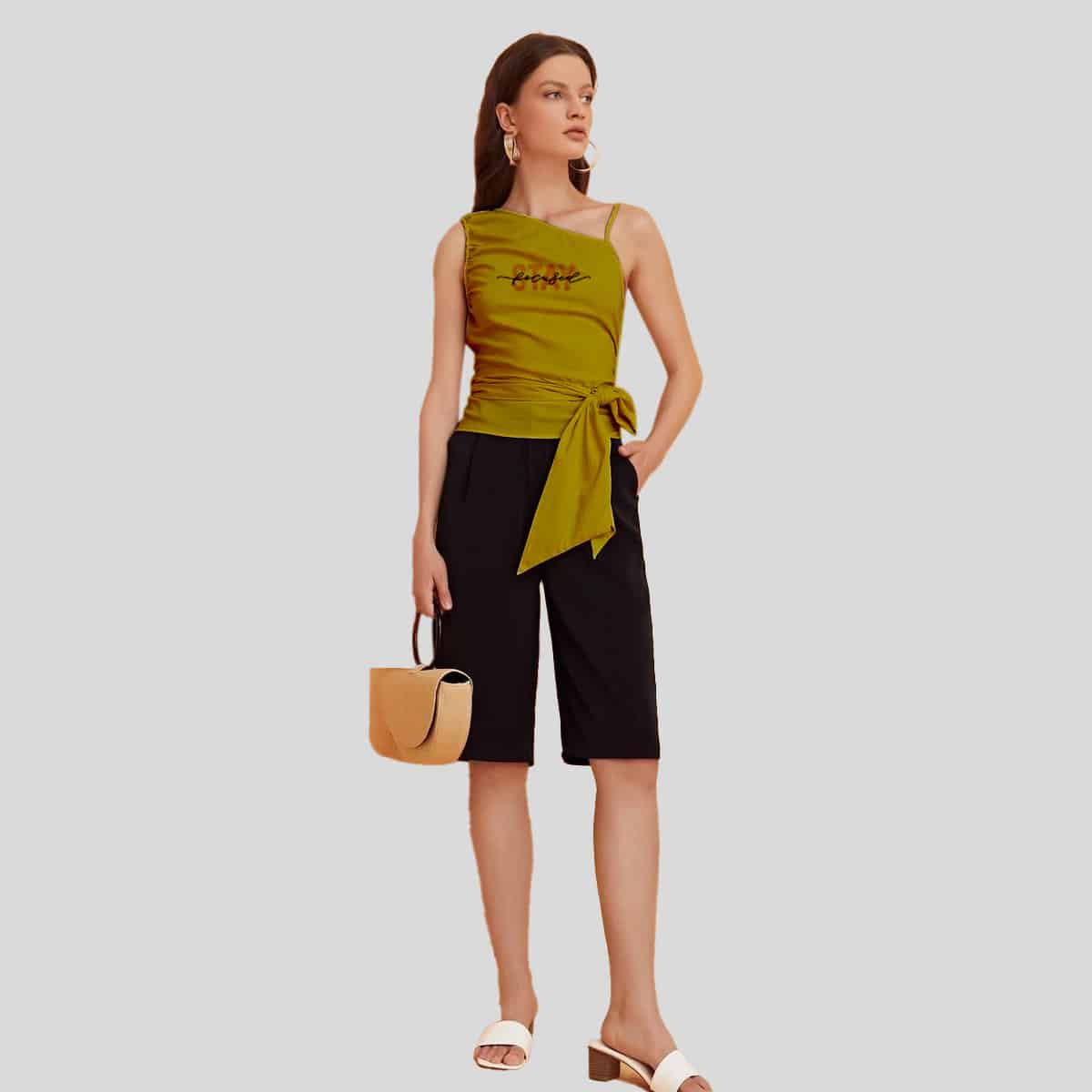 Mustard Yellow Solid Asymmetrical Neck Self Tie Top-RCT027