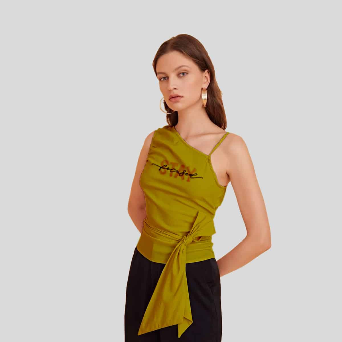 Mustard Yellow Solid Asymmetrical Neck Self Tie Top-RCT027
