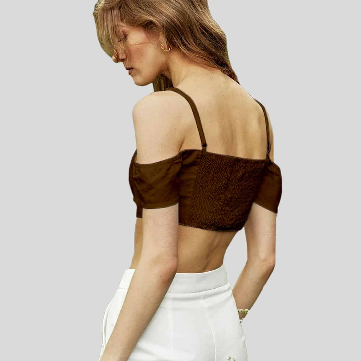 Walnut Brown Cold Shoulder Shirred Back Top-RCT028