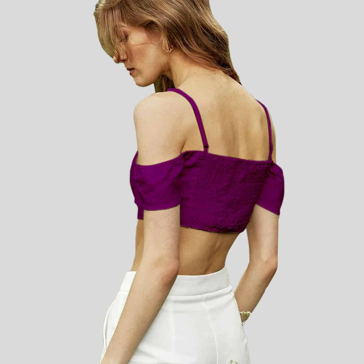 Purple Cold Shoulder Shirred Back Top-RCT029