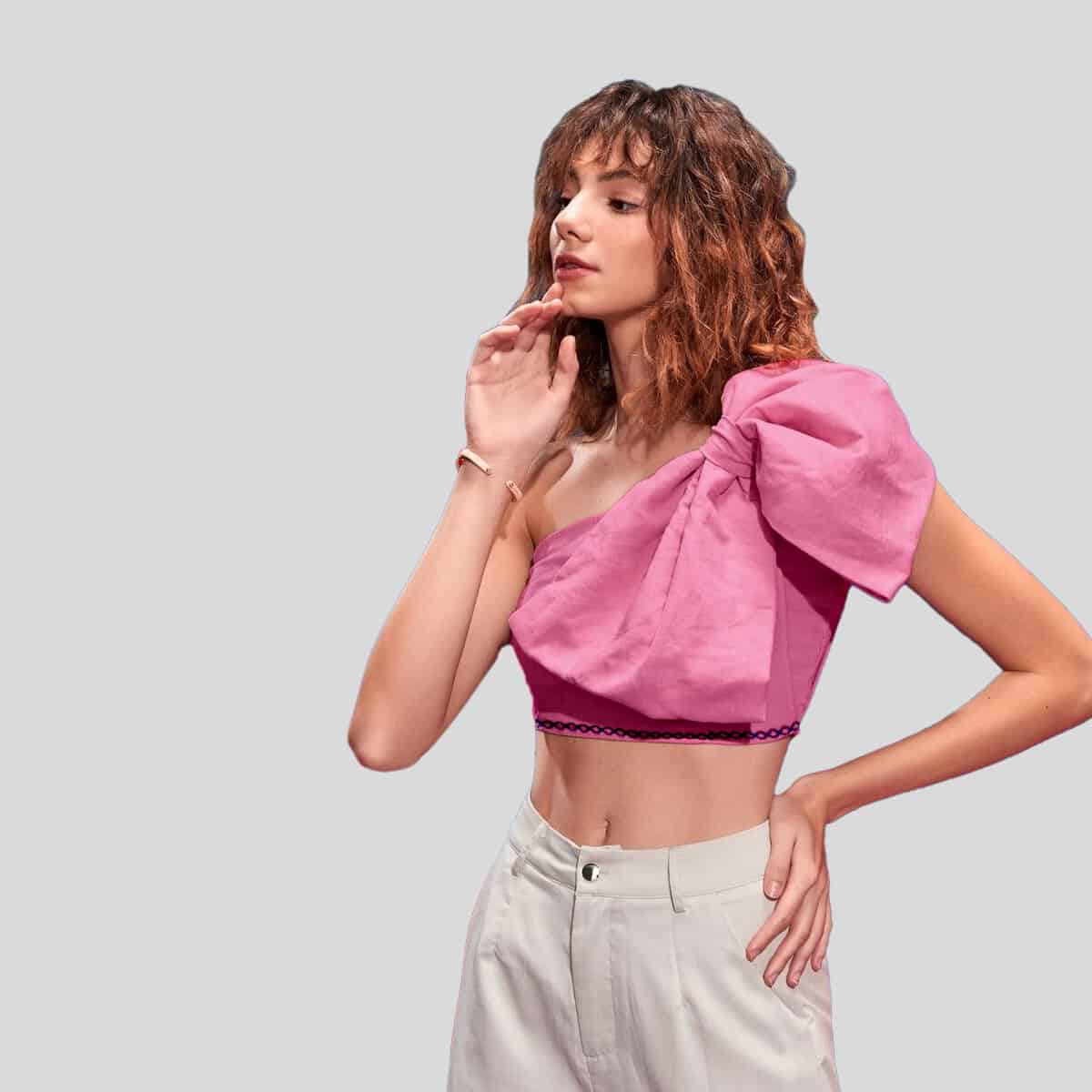 Baby Pink Becton Big Bow Front Crop Top-RCT030
