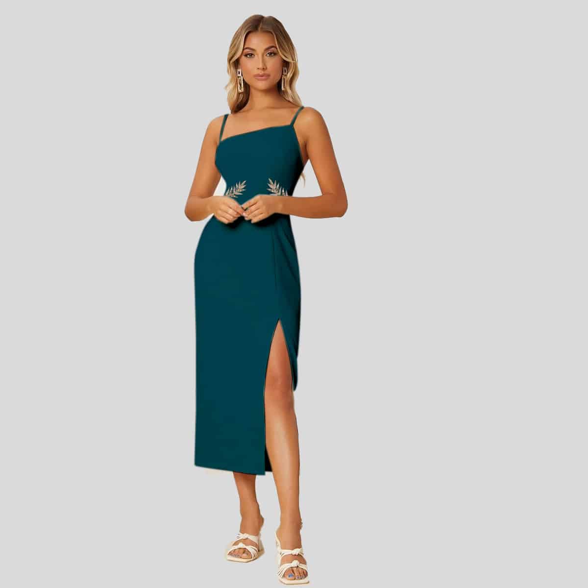 Prussian Blue Asymmetrical Neck Backless Split Thigh Dress-RED059B