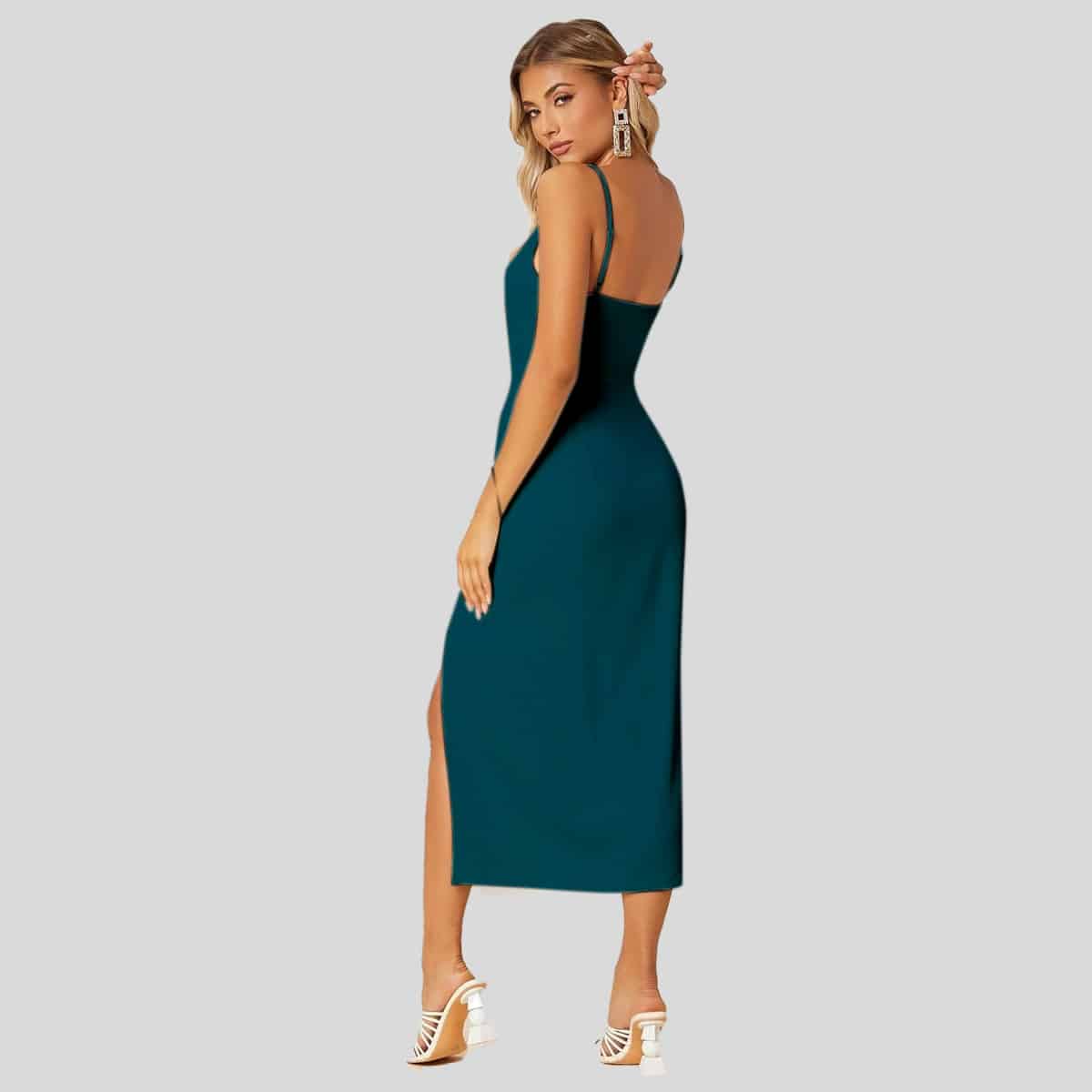 Prussian Blue Asymmetrical Neck Backless Split Thigh Dress-RED059B