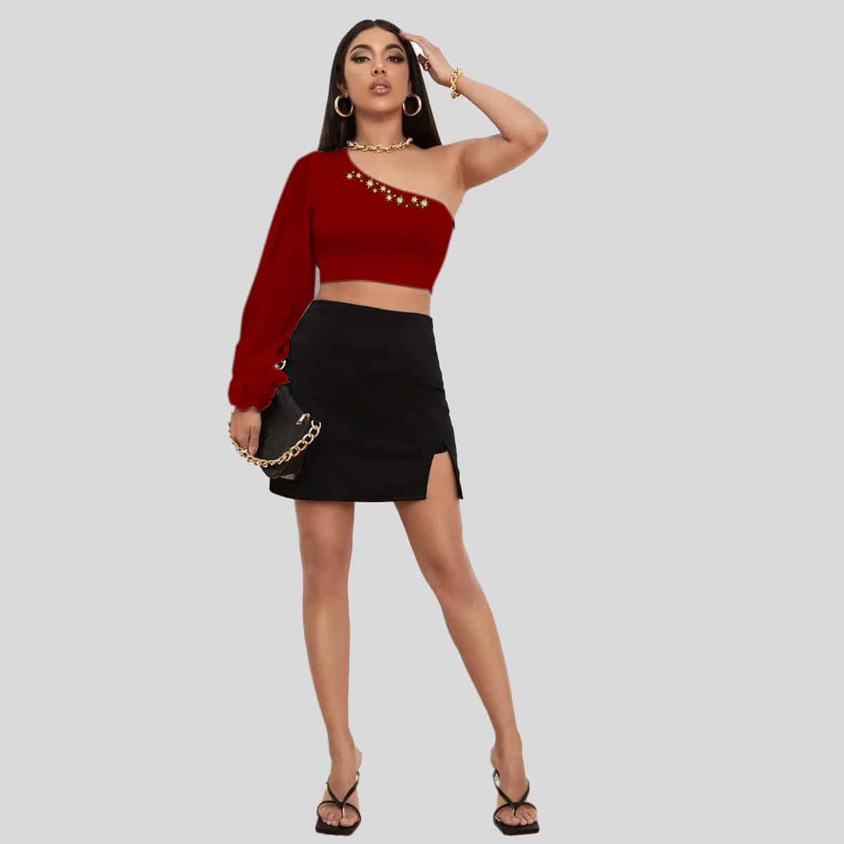 Garnet Red One Shoulder Flounce Sleeve Crop Top-RET090A