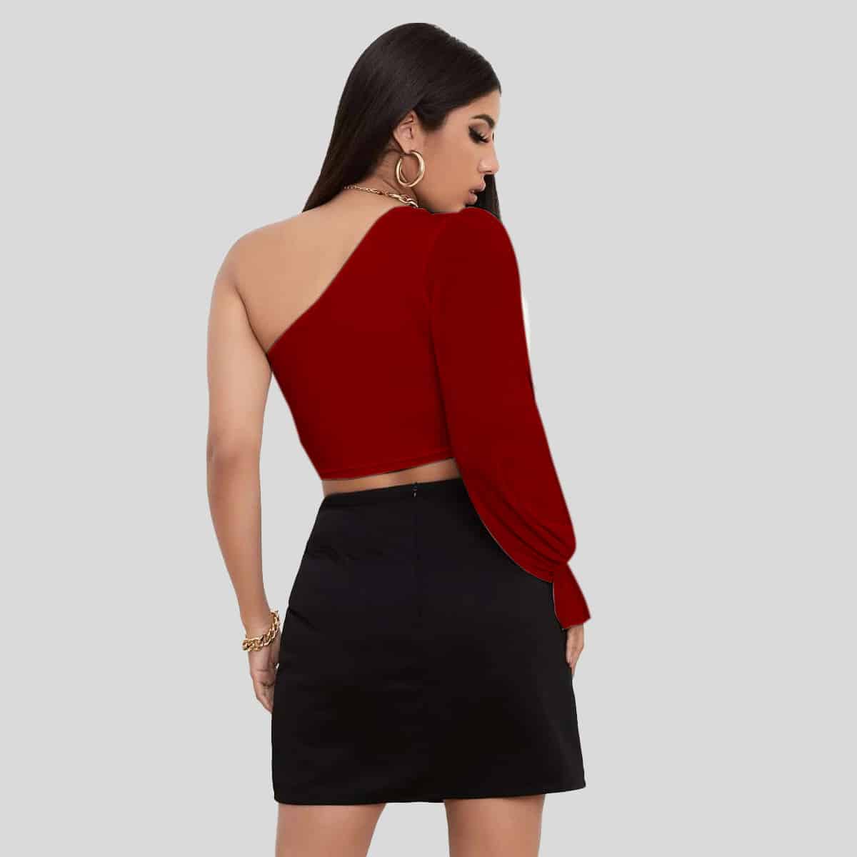 Garnet Red One Shoulder Flounce Sleeve Crop Top-RET090A