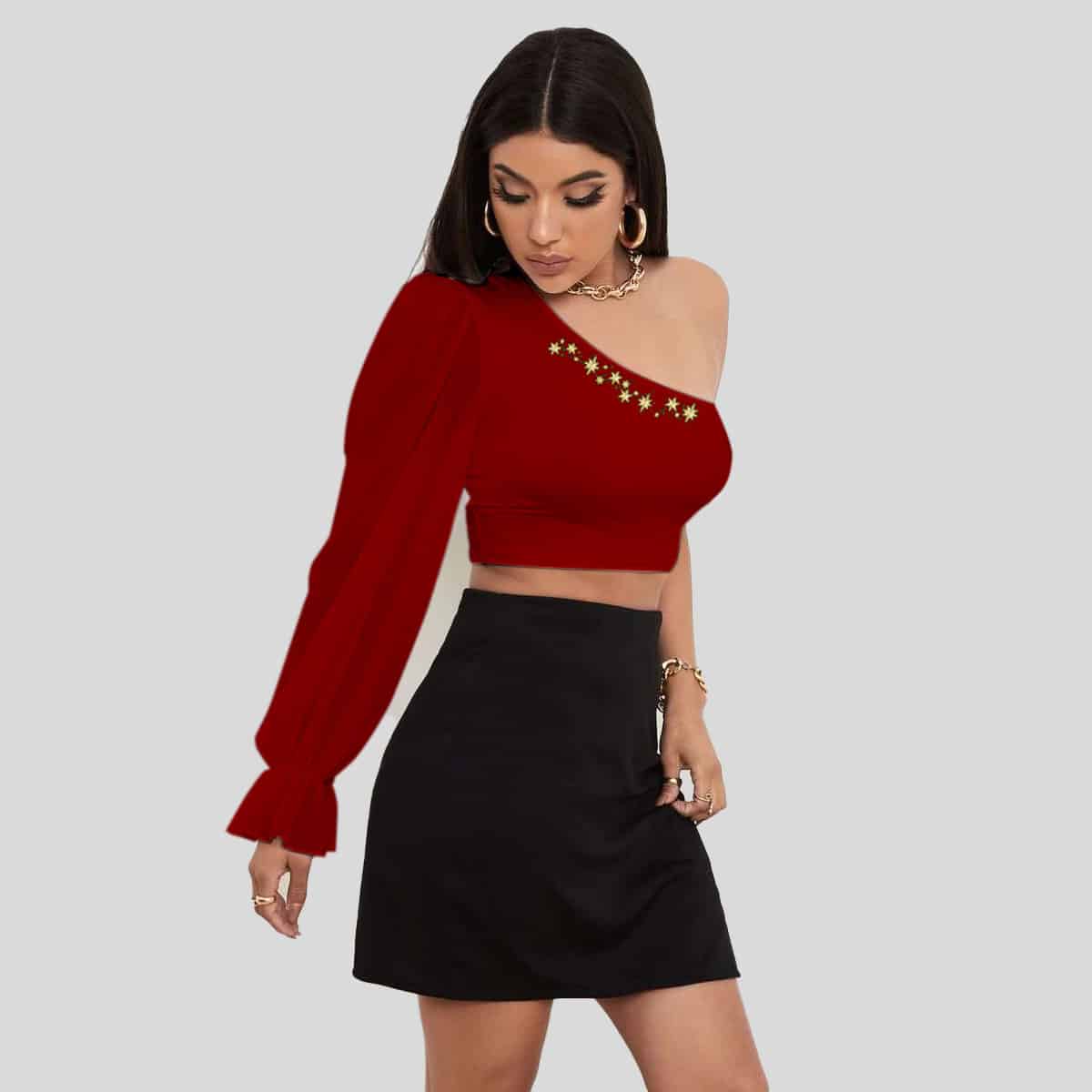 Garnet Red One Shoulder Flounce Sleeve Crop Top-RET090A