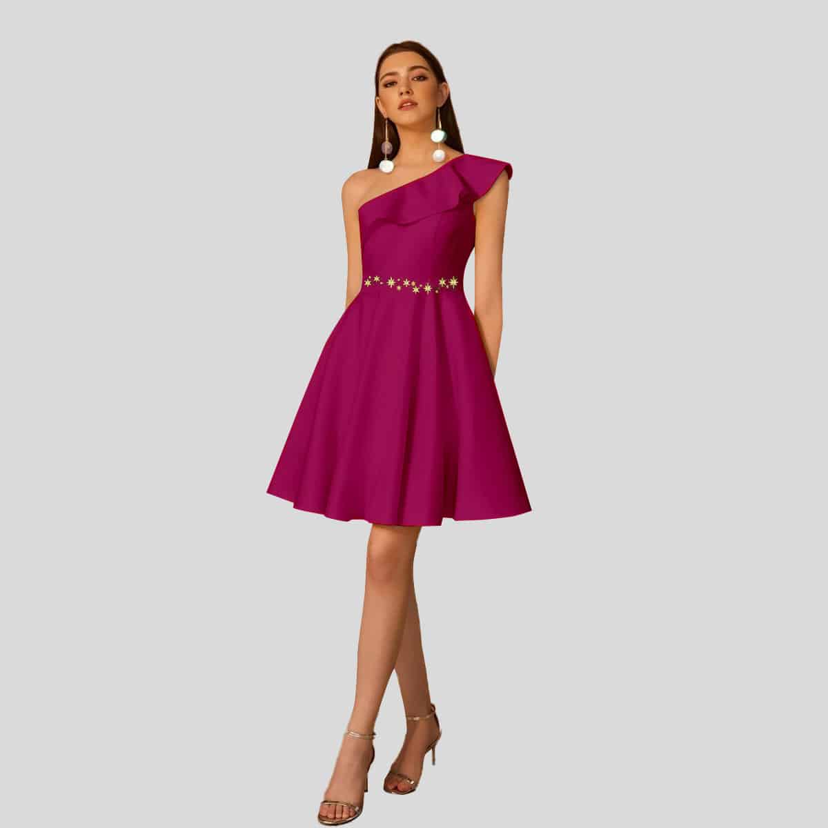 Fustian Pink One Shoulder Ruffle Fit & Flare Dress-RED060A