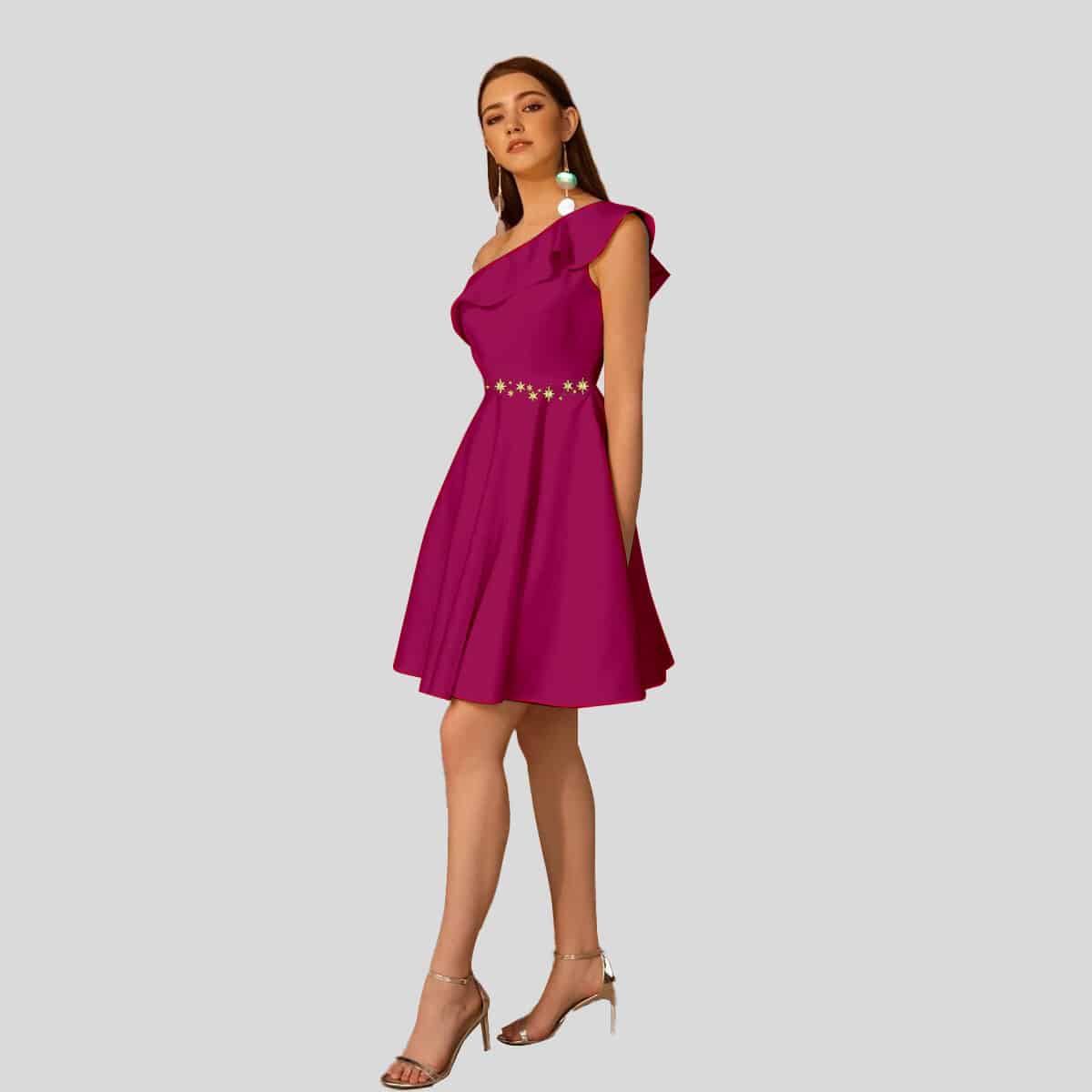 Fustian Pink One Shoulder Ruffle Fit & Flare Dress-RED060A