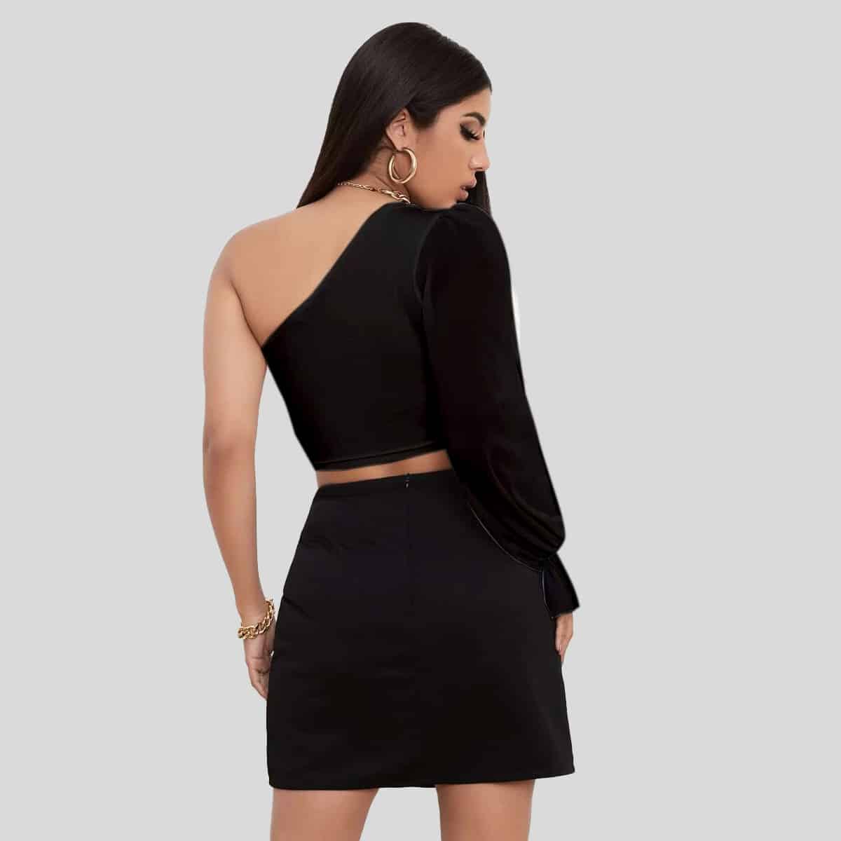 Black One Shoulder Flounce Sleeve Crop Top-RET090B