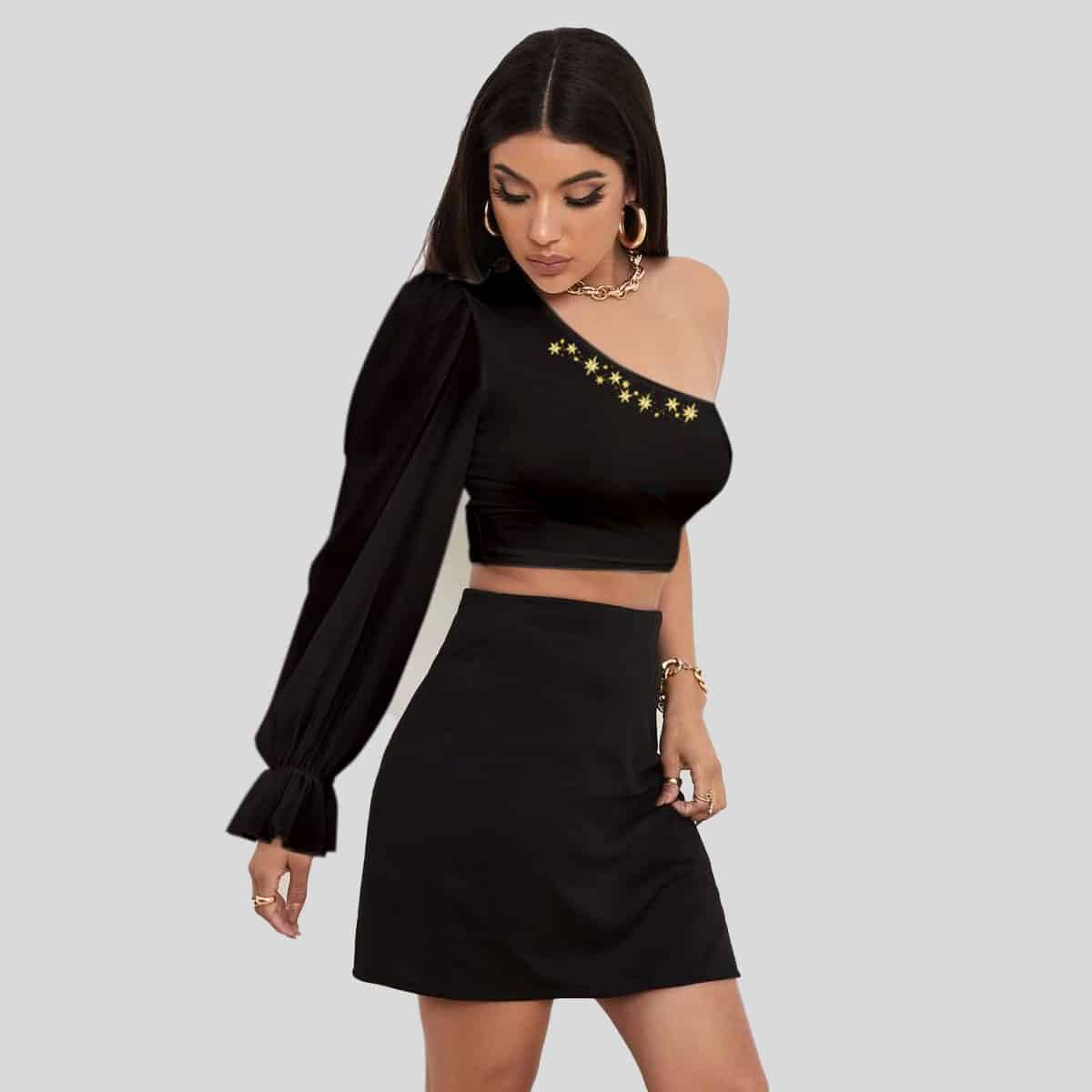 Black One Shoulder Flounce Sleeve Crop Top-RET090B