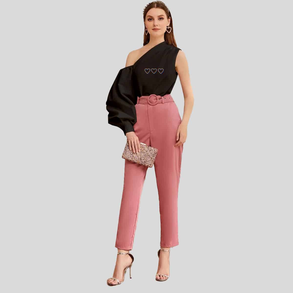 Black Asymmetrical Neck Lantern Sleeve Top-RET077A