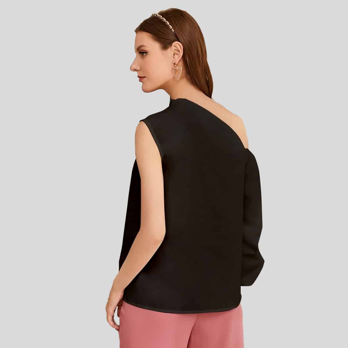 Black Asymmetrical Neck Lantern Sleeve Top-RET077A