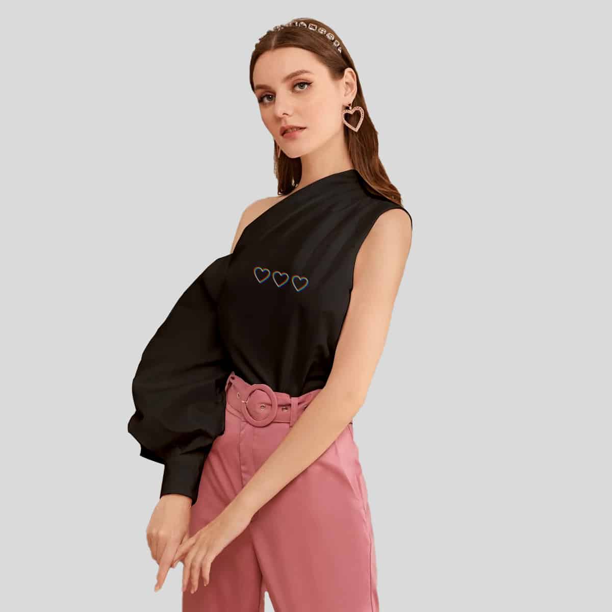 Black Asymmetrical Neck Lantern Sleeve Top-RET077A