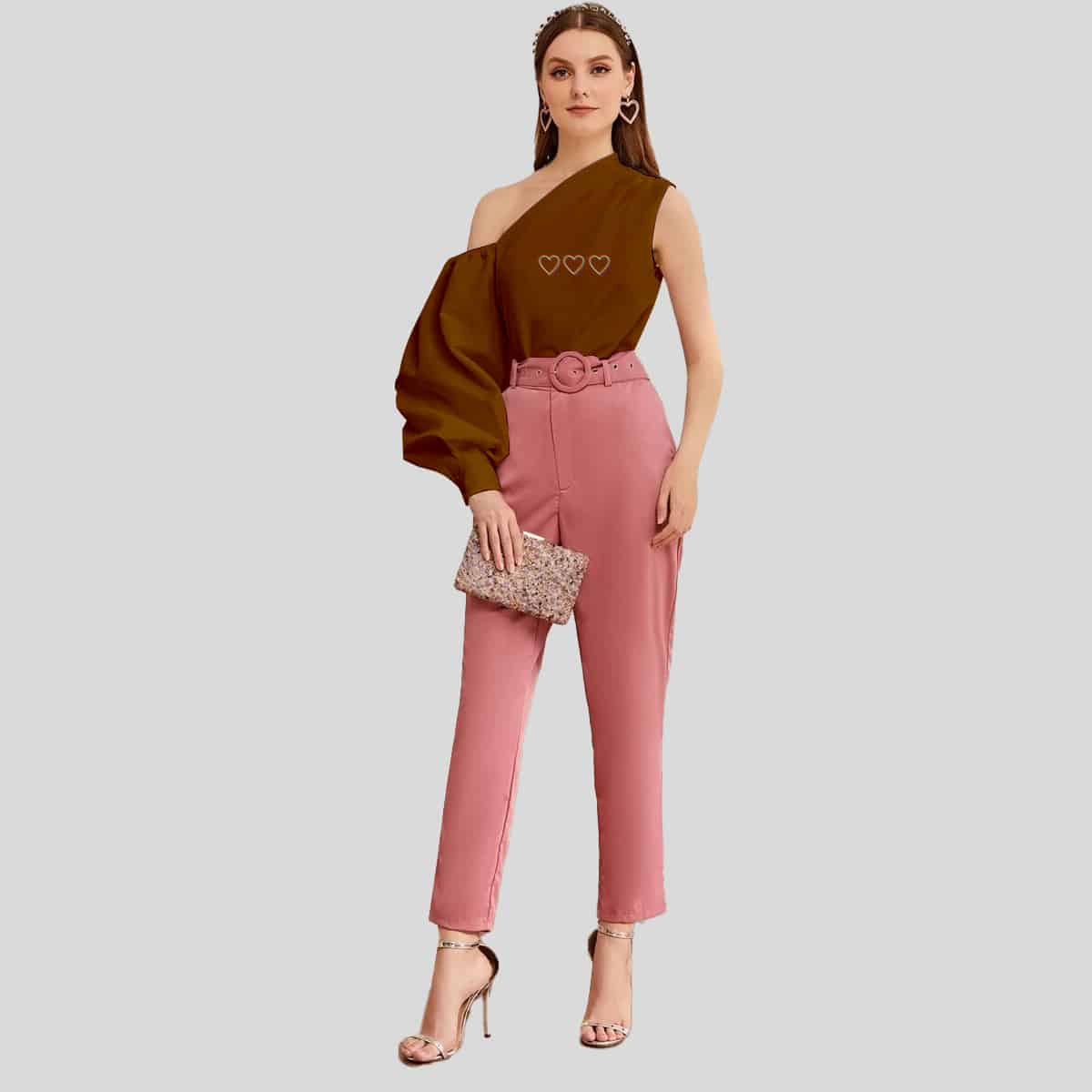 Brown Asymmetrical Neck Lantern Sleeve Top-RET077B