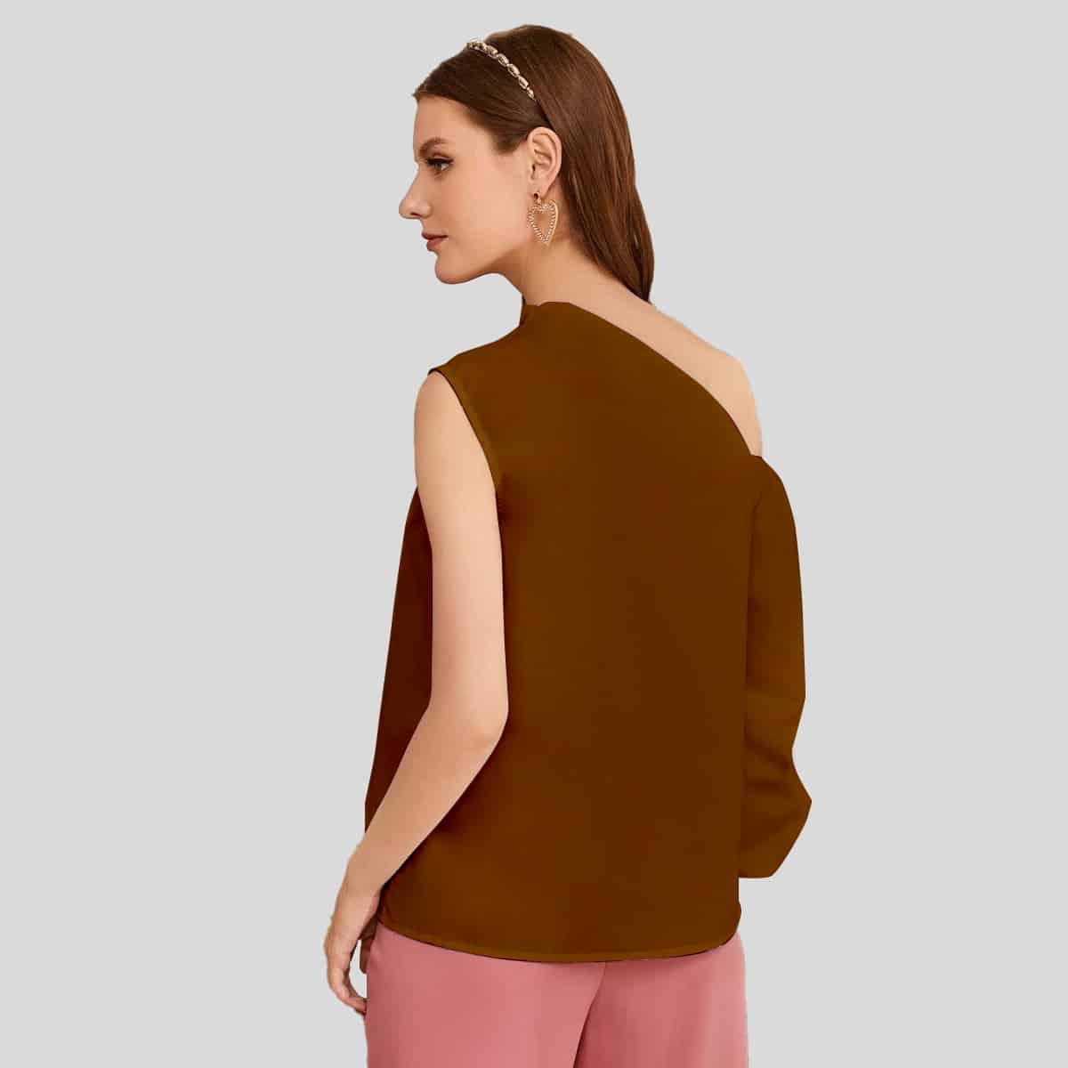 Brown Asymmetrical Neck Lantern Sleeve Top-RET077B