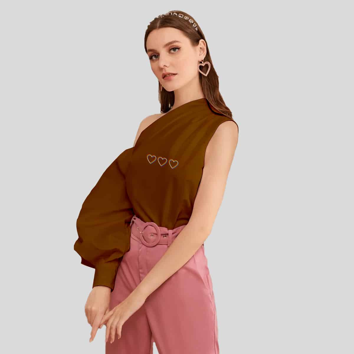 Brown Asymmetrical Neck Lantern Sleeve Top-RET077B