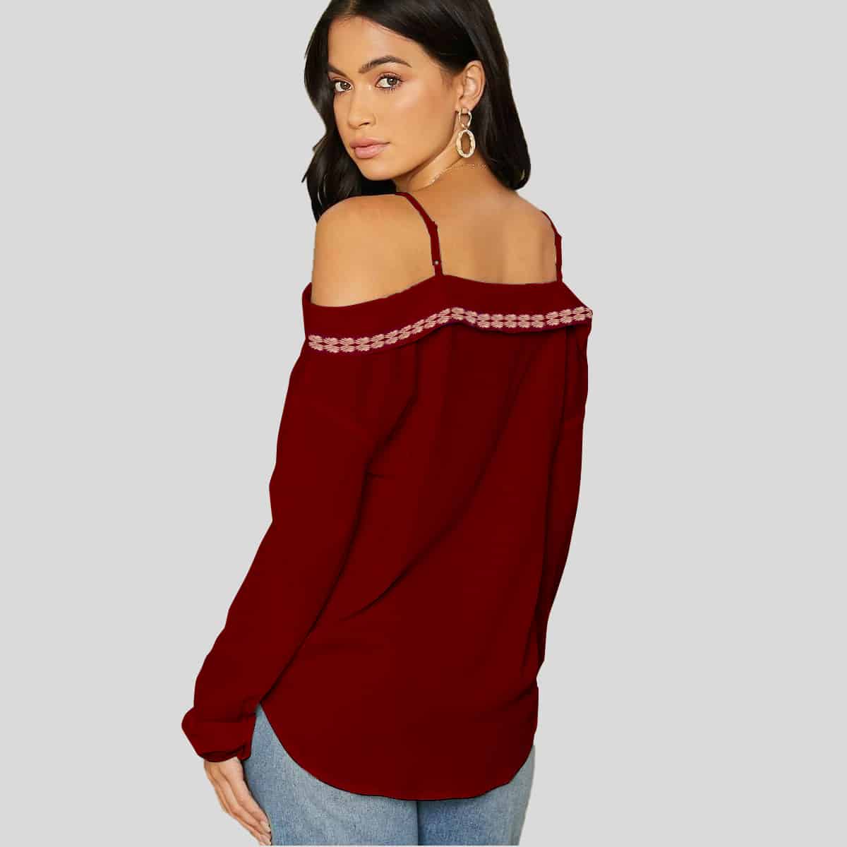 Maroon Color Cold Shoulder Fold over Trim Top-RET078A