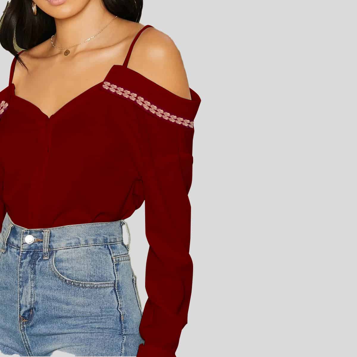 Maroon Color Cold Shoulder Fold over Trim Top-RET078A