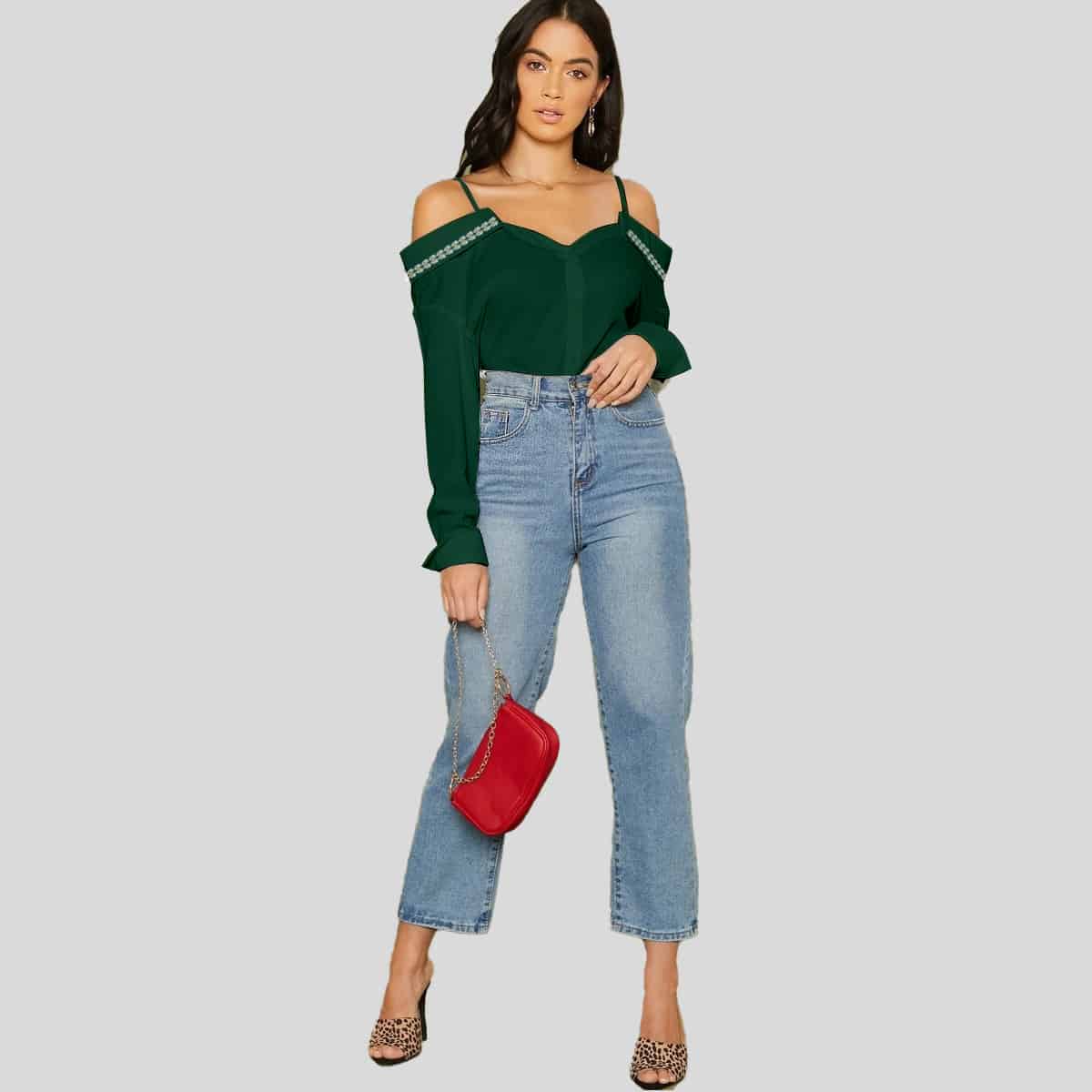 Ocean Blue Cold Shoulder Fold Over Trim Top-RET078B