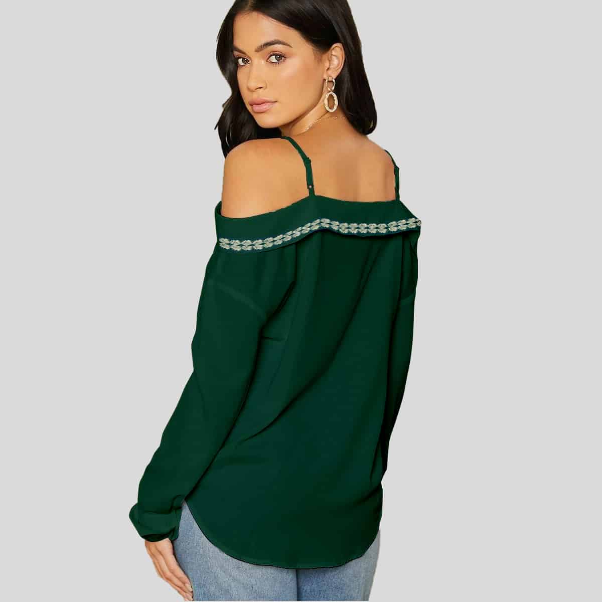 Ocean Blue Cold Shoulder Fold Over Trim Top-RET078B