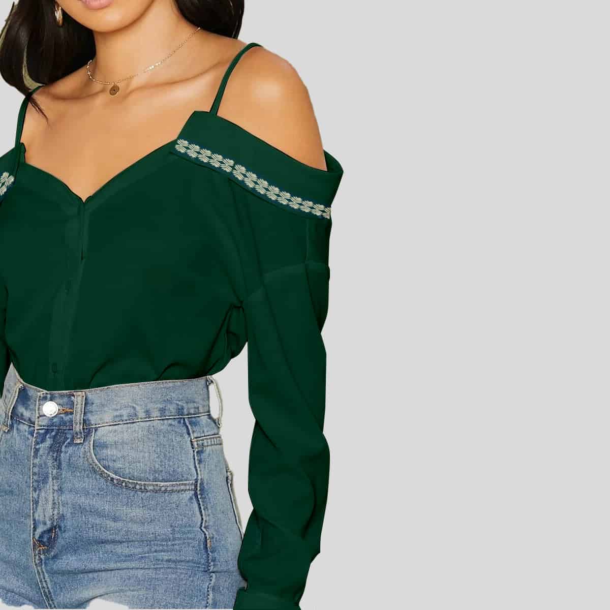 Ocean Blue Cold Shoulder Fold Over Trim Top-RET078B
