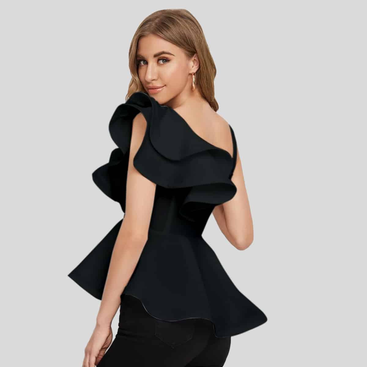 Black Asymmetrical Neck Ruffle Trim Gold Print Peplum Top-RET079A