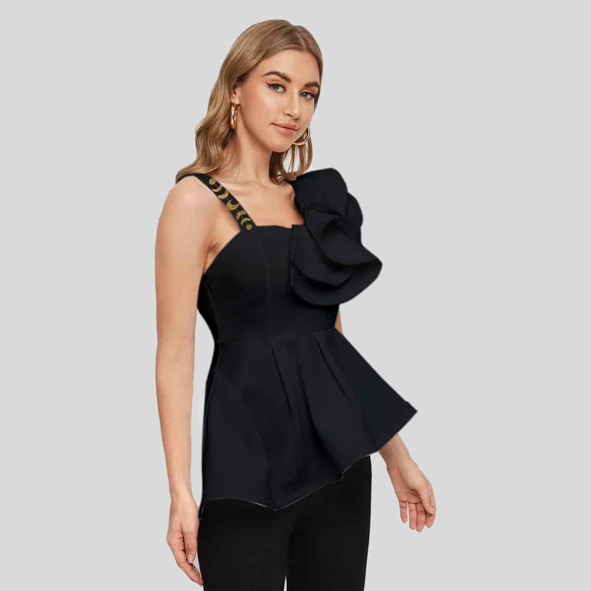 Black Asymmetrical Neck Ruffle Trim Gold Print Peplum Top-RET079A