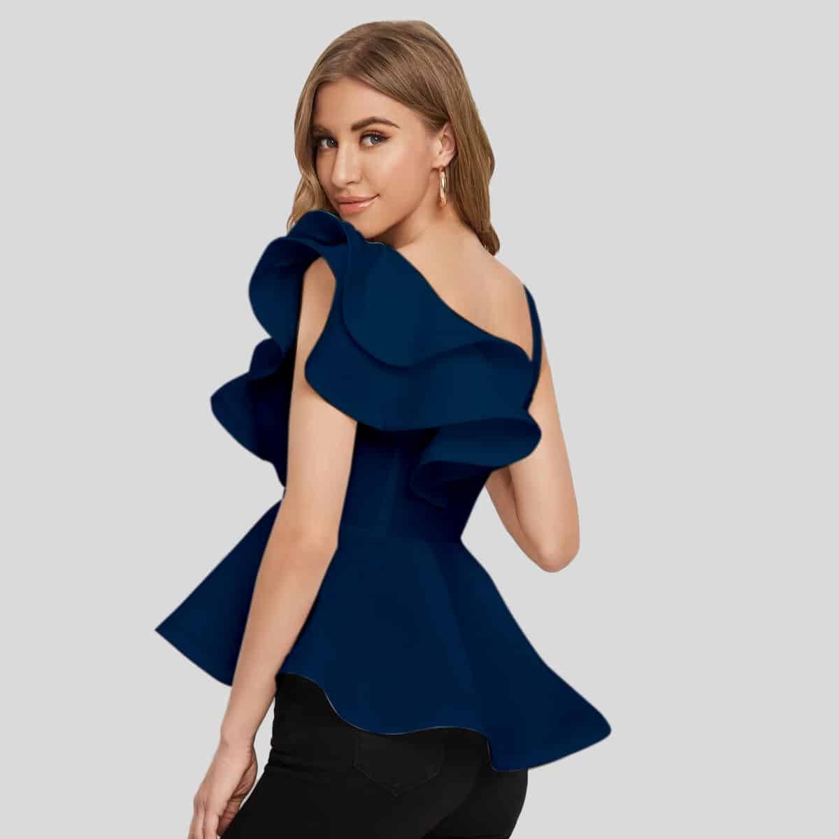 Oxford Blue Asymmetrical Neck Ruffle Trim Gold Print Peplum Top-RET079B