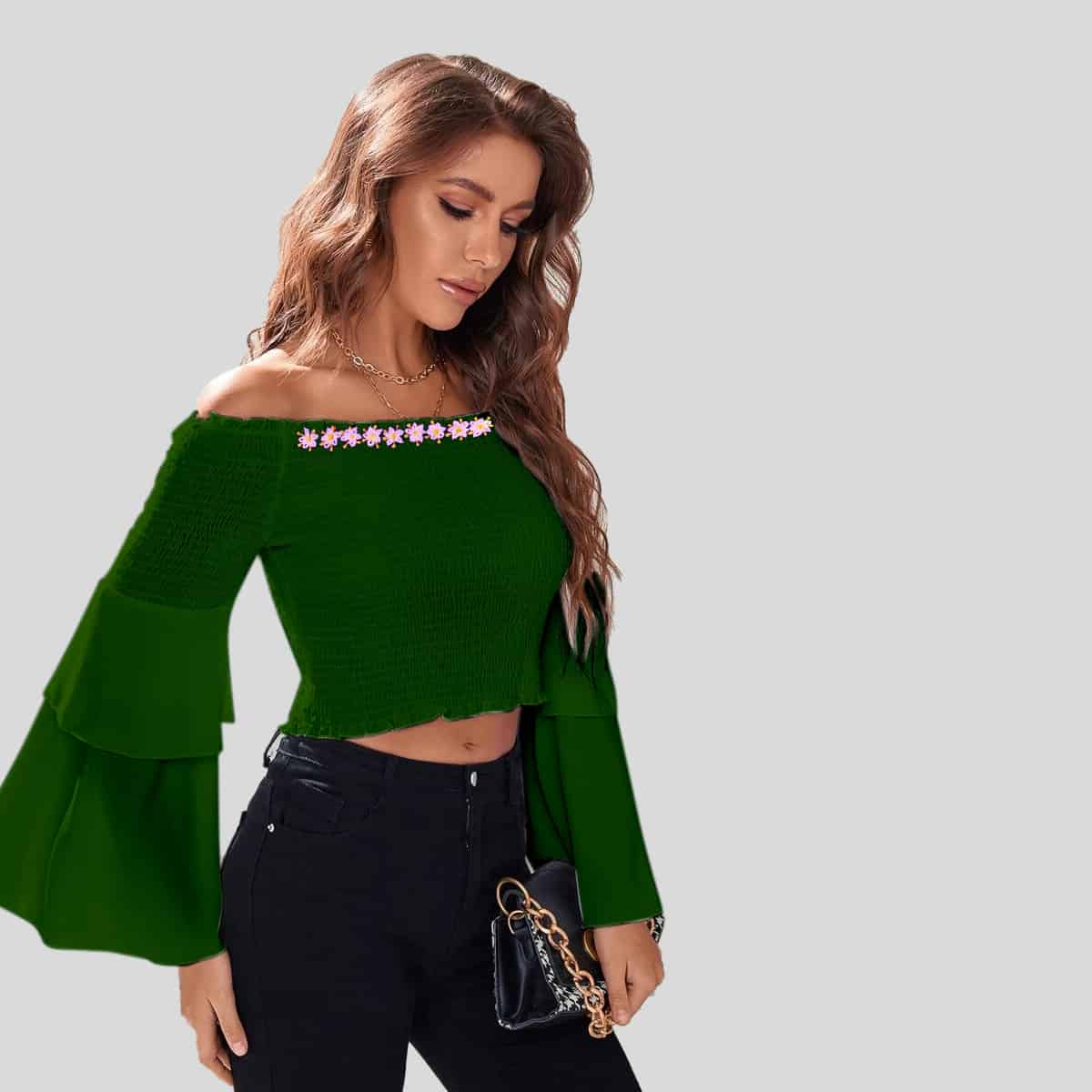 Juniper Color Shirred Flounce Sleeve Bardot Top-RET080A