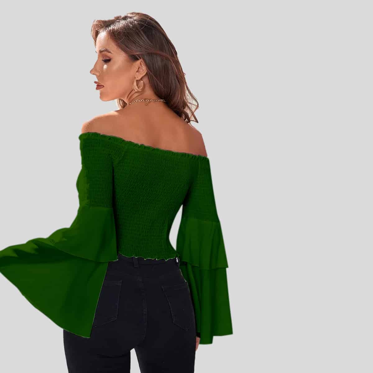 Juniper Color Shirred Flounce Sleeve Bardot Top-RET080A