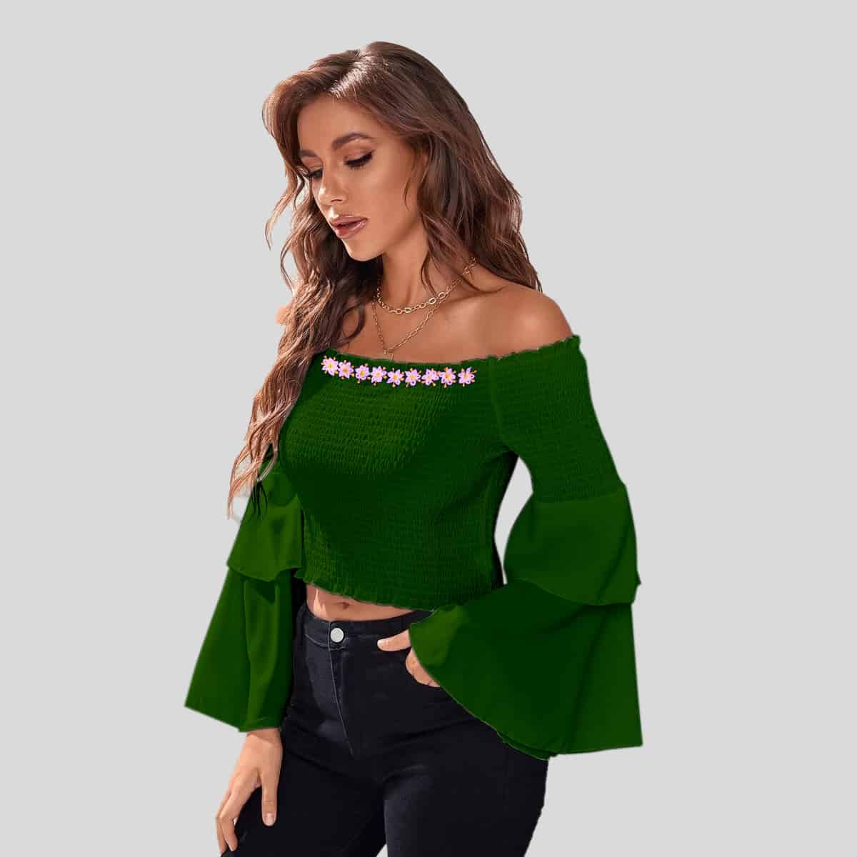 Juniper Color Shirred Flounce Sleeve Bardot Top-RET080A