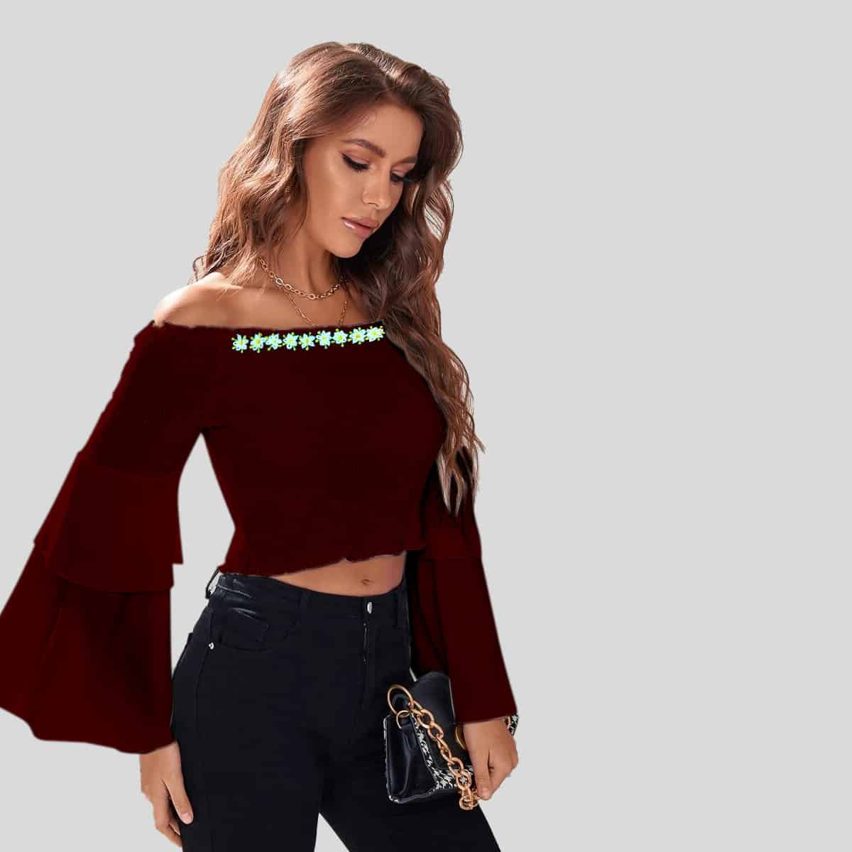 Mahogany color Shirred Flounce Sleeve Bardot Top-RET080B