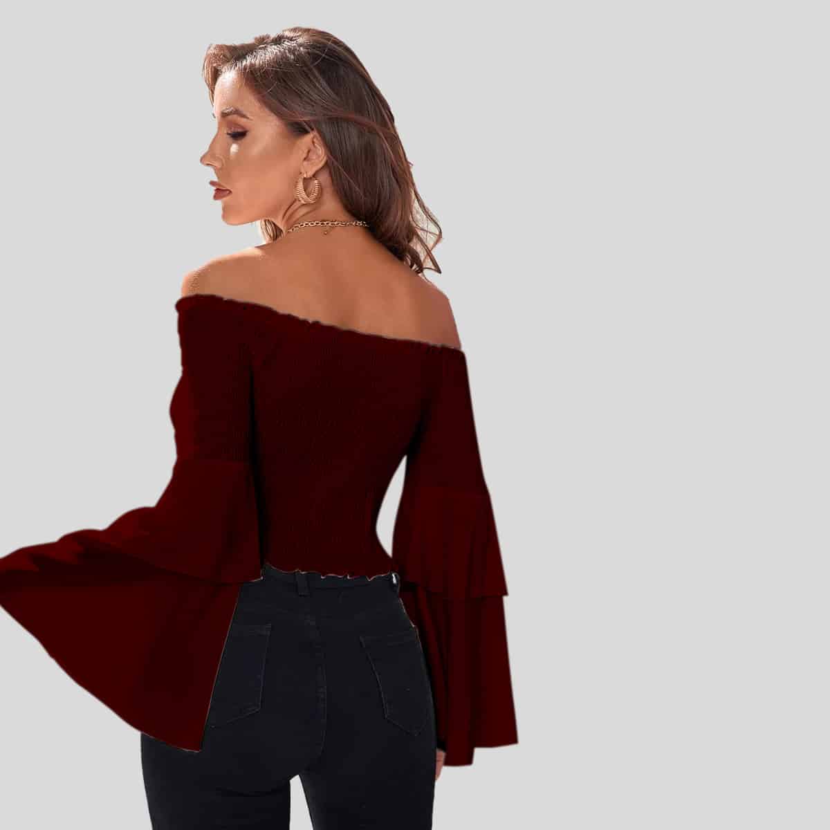 Mahogany color Shirred Flounce Sleeve Bardot Top-RET080B