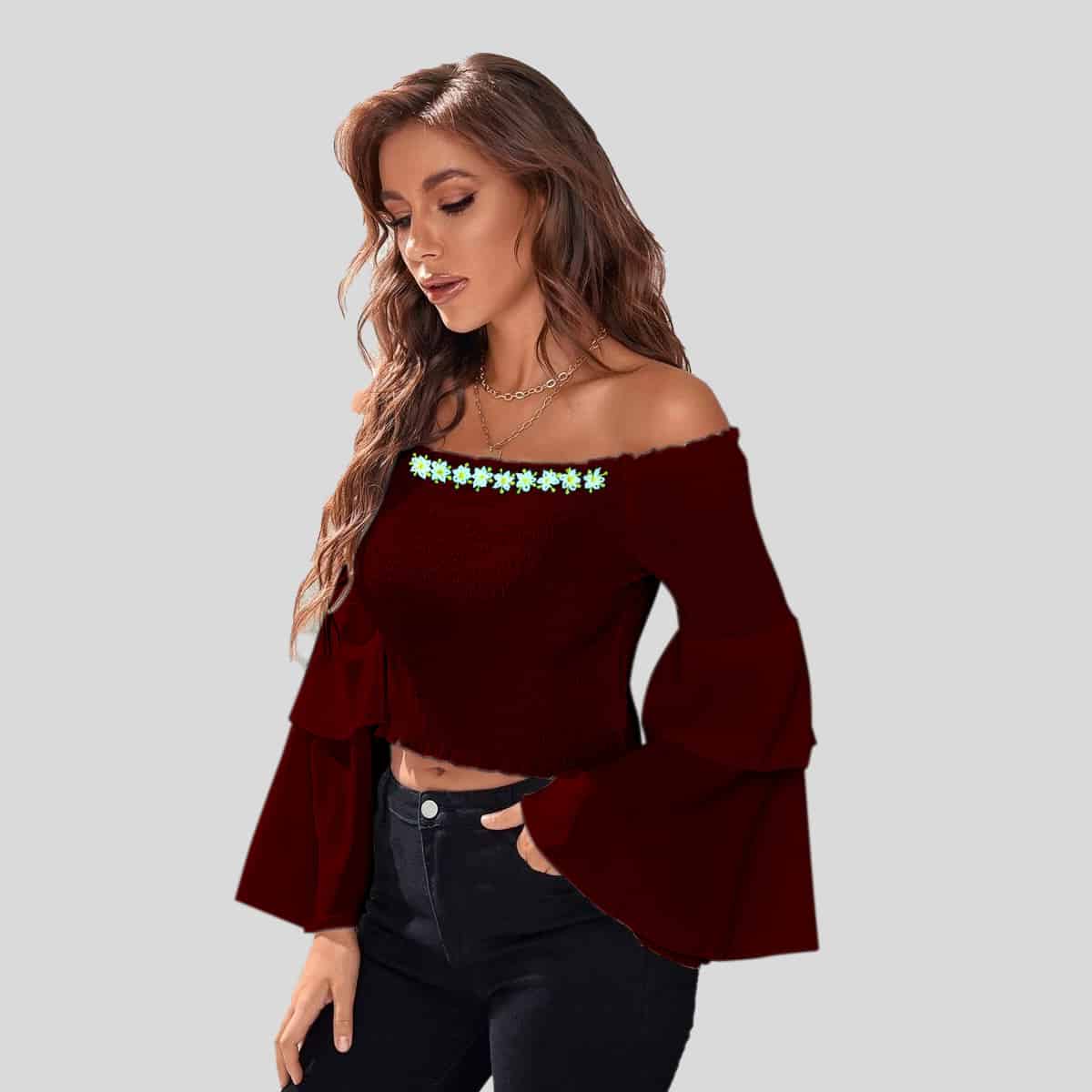 Mahogany color Shirred Flounce Sleeve Bardot Top-RET080B