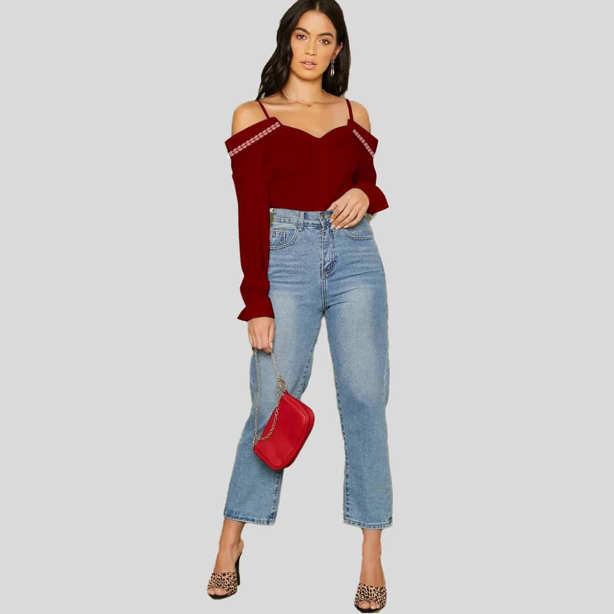 Maroon Color Cold Shoulder Fold over Trim Top-RET078A