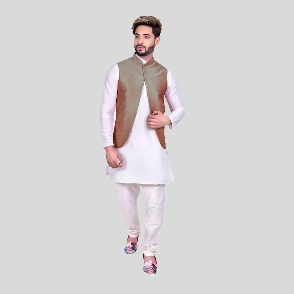 White Kurta Pajama With Waist Coat-RMK005
