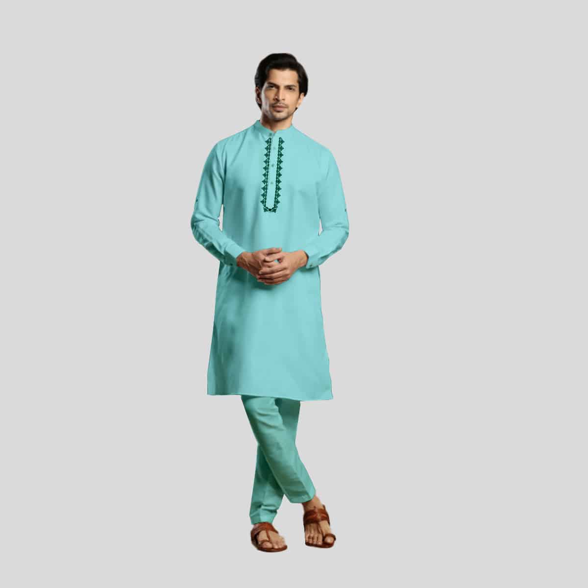 Solid Light Blue Festive Kurta Set In Cotton For Men-RMK008