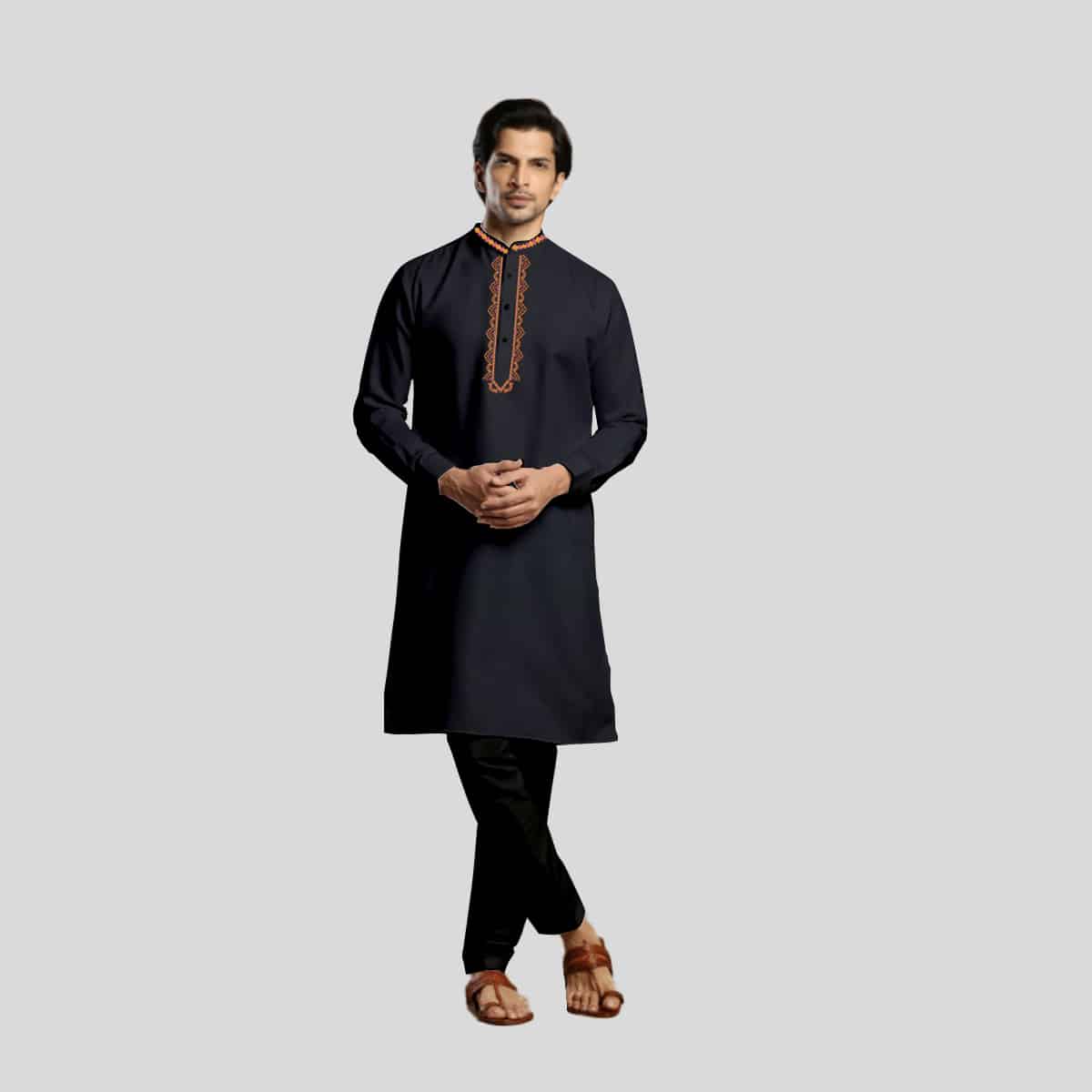 Solid Black Festive Kurta Set In Cotton For Men-RMK009