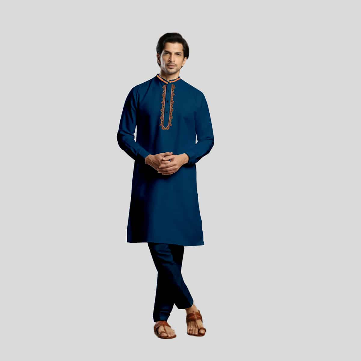 Solid Blue Festive Kurta Set In Cotton For Men-RMK010