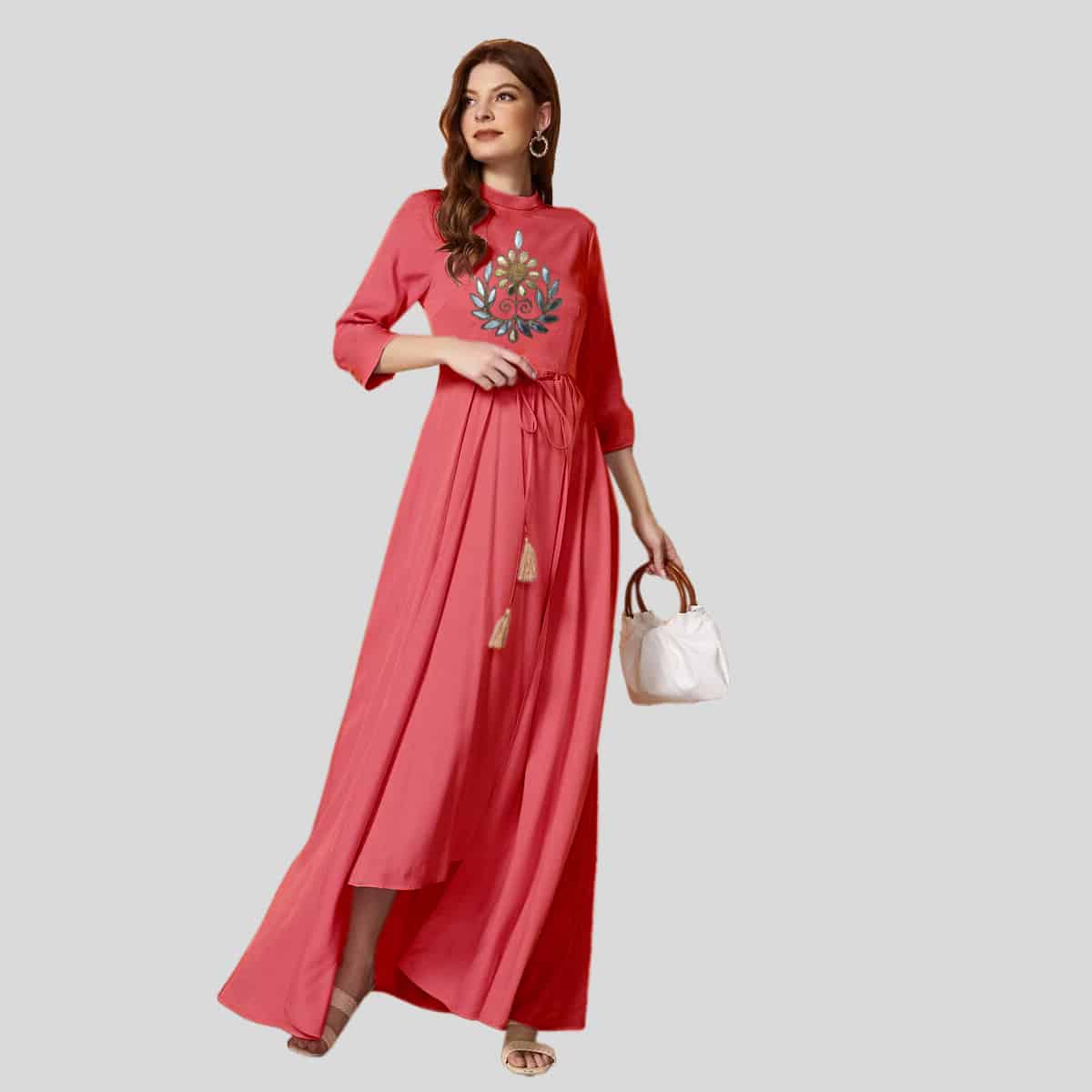 Amazing Embroidered Detail Tassel Tie Waist kurti-RCK004