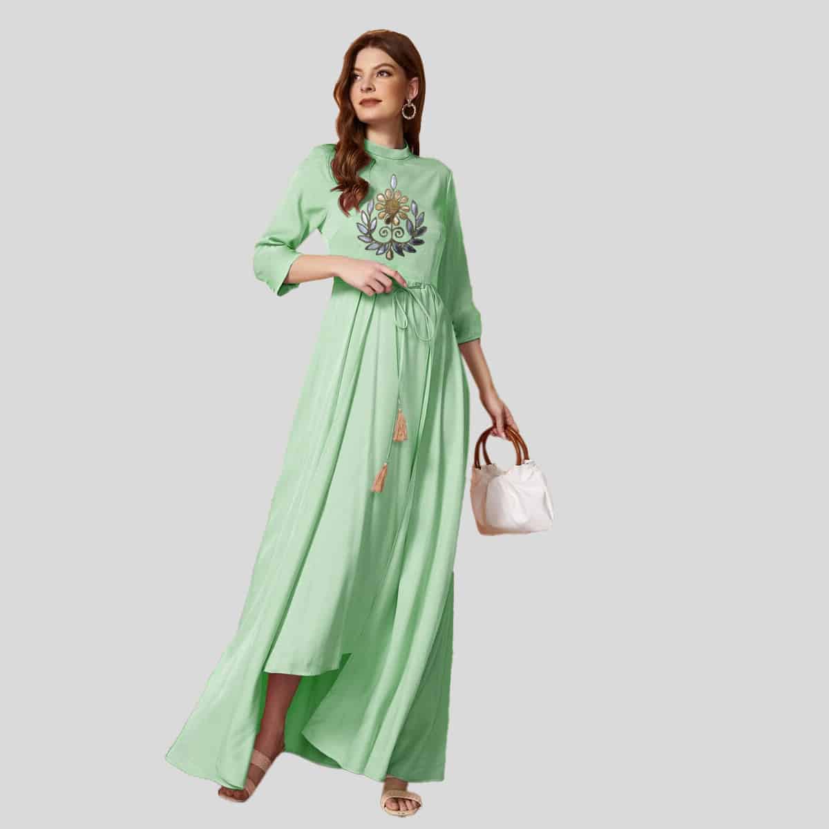 Amazing Embroidered Detail Tassel Tie Waist kurti-RCK005