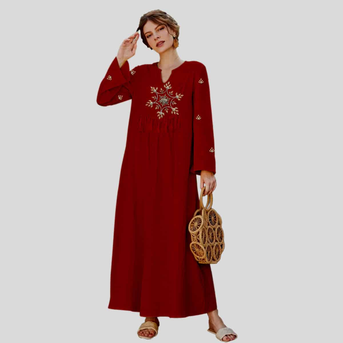 Maroon Embroidered Detail with Tassel Tie Waist kurti-RCK006