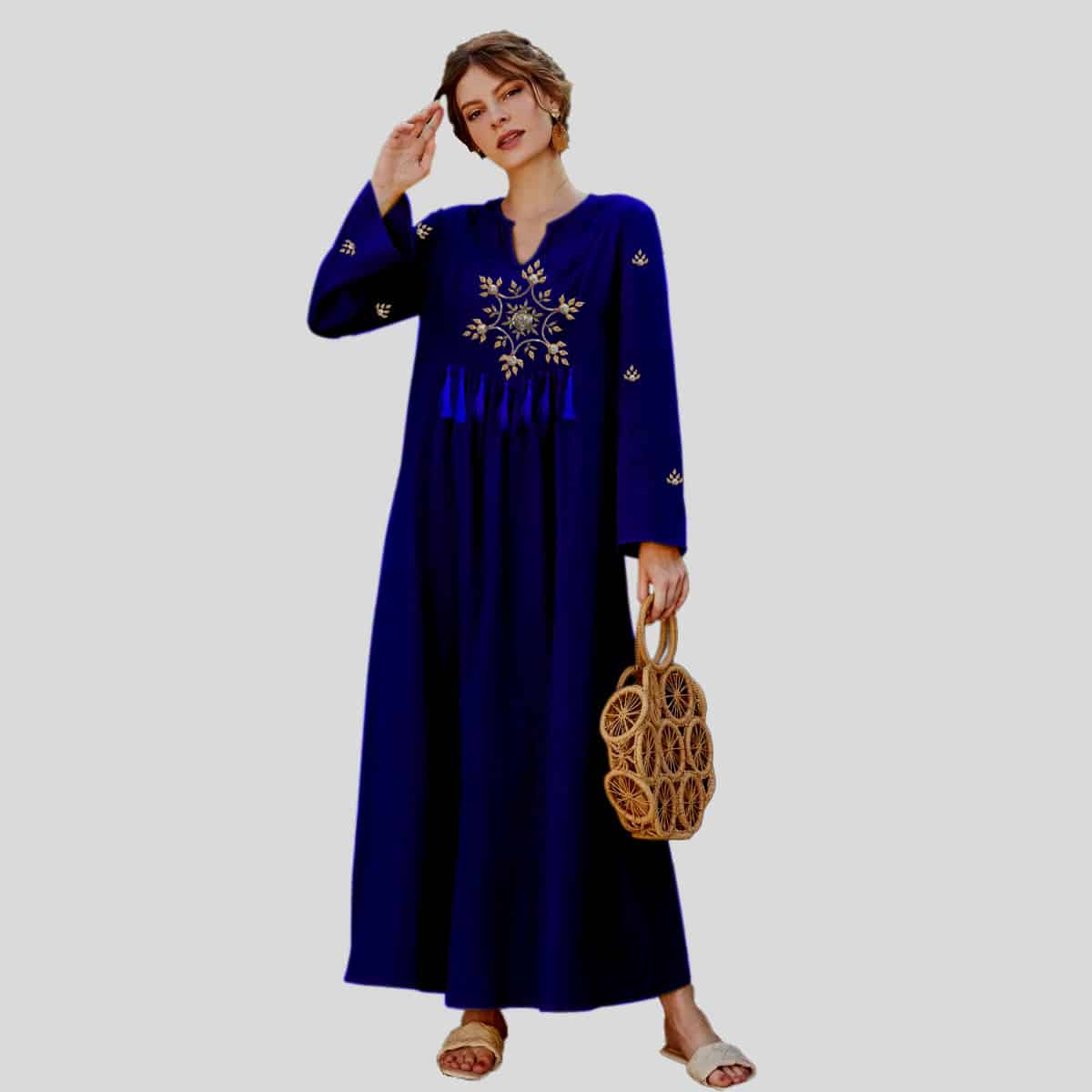 Dark Blue Embroidered Detail with Tassel Tie Waist kurti-RCK007