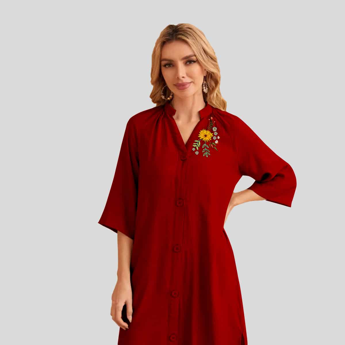 Maroon Notched Neck Buttoned Front Split Side-RCK013