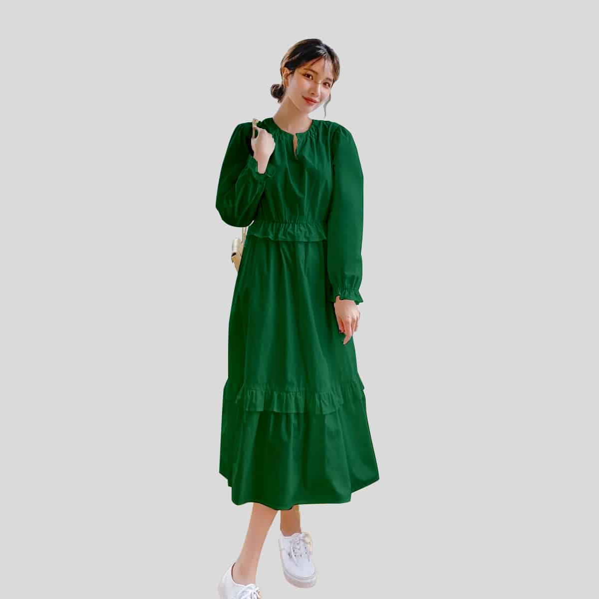 Green Notched Neck Flounce Sleeve Ruffle Hem-RCK015