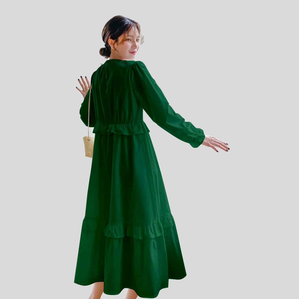 Green Notched Neck Flounce Sleeve Ruffle Hem-RCK015