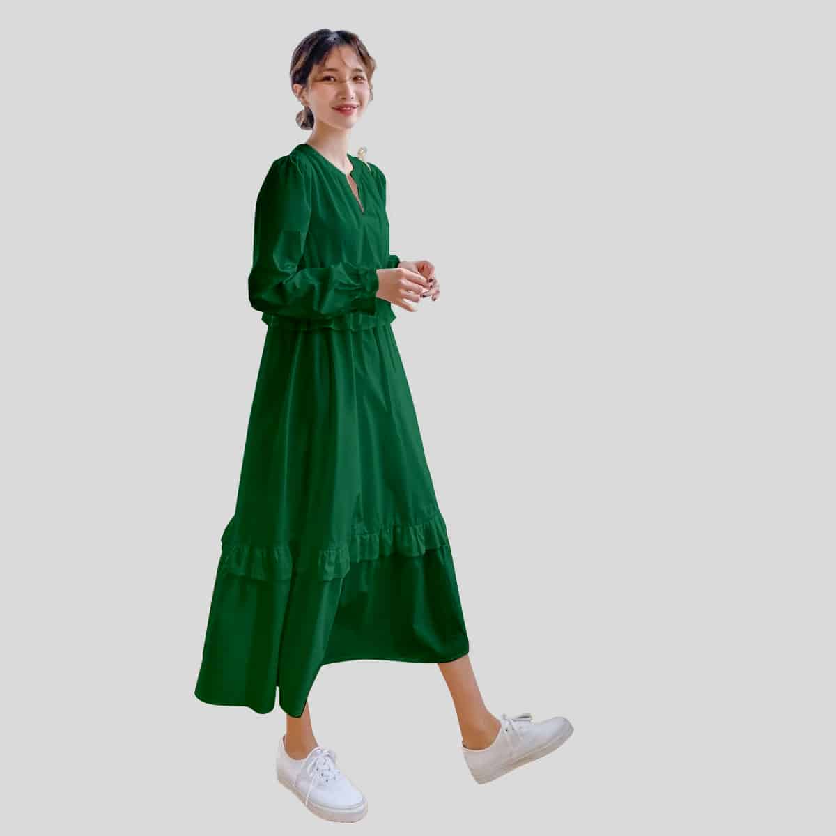 Green Notched Neck Flounce Sleeve Ruffle Hem-RCK015