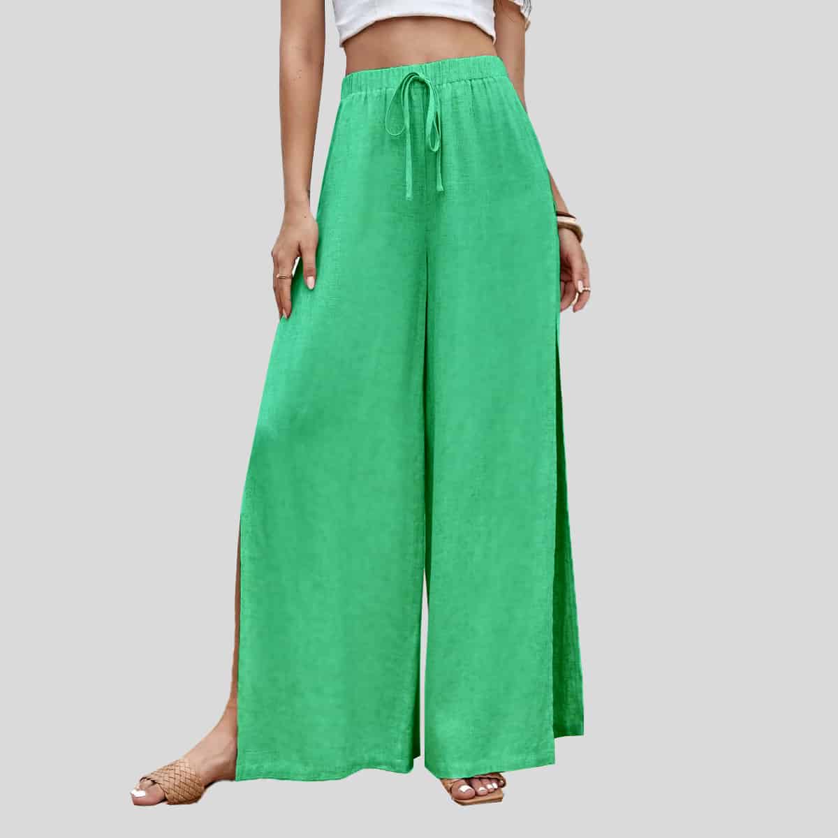 Parakeet Tie Waist Split Thigh Wide Leg Pants-RCP001
